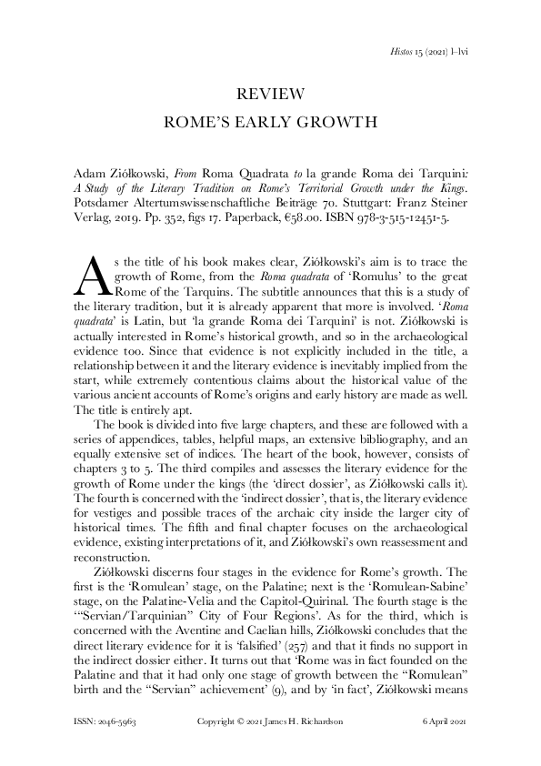 ‘Rome’s Early Growth’, review of A. Ziółkowski, From Roma Quadrata to la grande Roma dei Tarquini: A Study of the Literary Tradition on Rome’s Territorial Growth under the Kings (Stuttgart, 2019), Histos 15 (2021), 50-56.