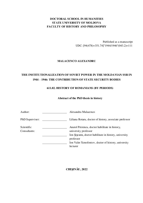 Abstract of the PhD thesis in history ”THE INSTITUTIONALIZATION OF SOVIET POWER IN THE MOLDAVIAN SSR IN 1944 – 1946: THE CONTRIBUTION OF STATE SECURITY BODIES”