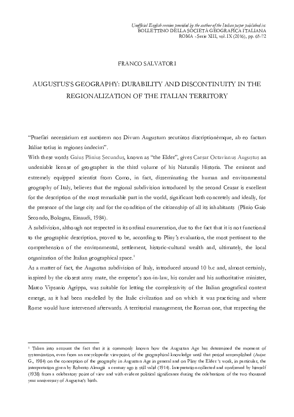 Augustus's Geography: Durability and Discontinuity in the Regionalization of the Italian Territory