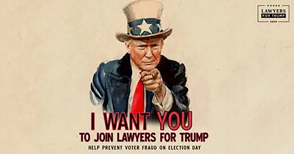 A recruitment logo for a legal group supporting the Trump campaign.