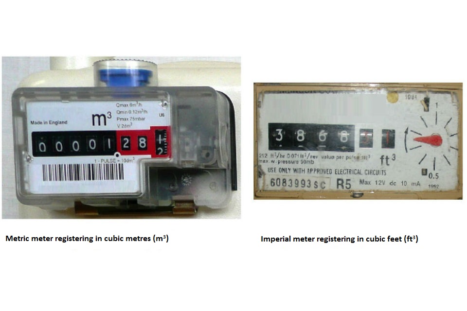 A metric gas meter registers in cubic meters while an imperial gas meter registers in cubic feet.