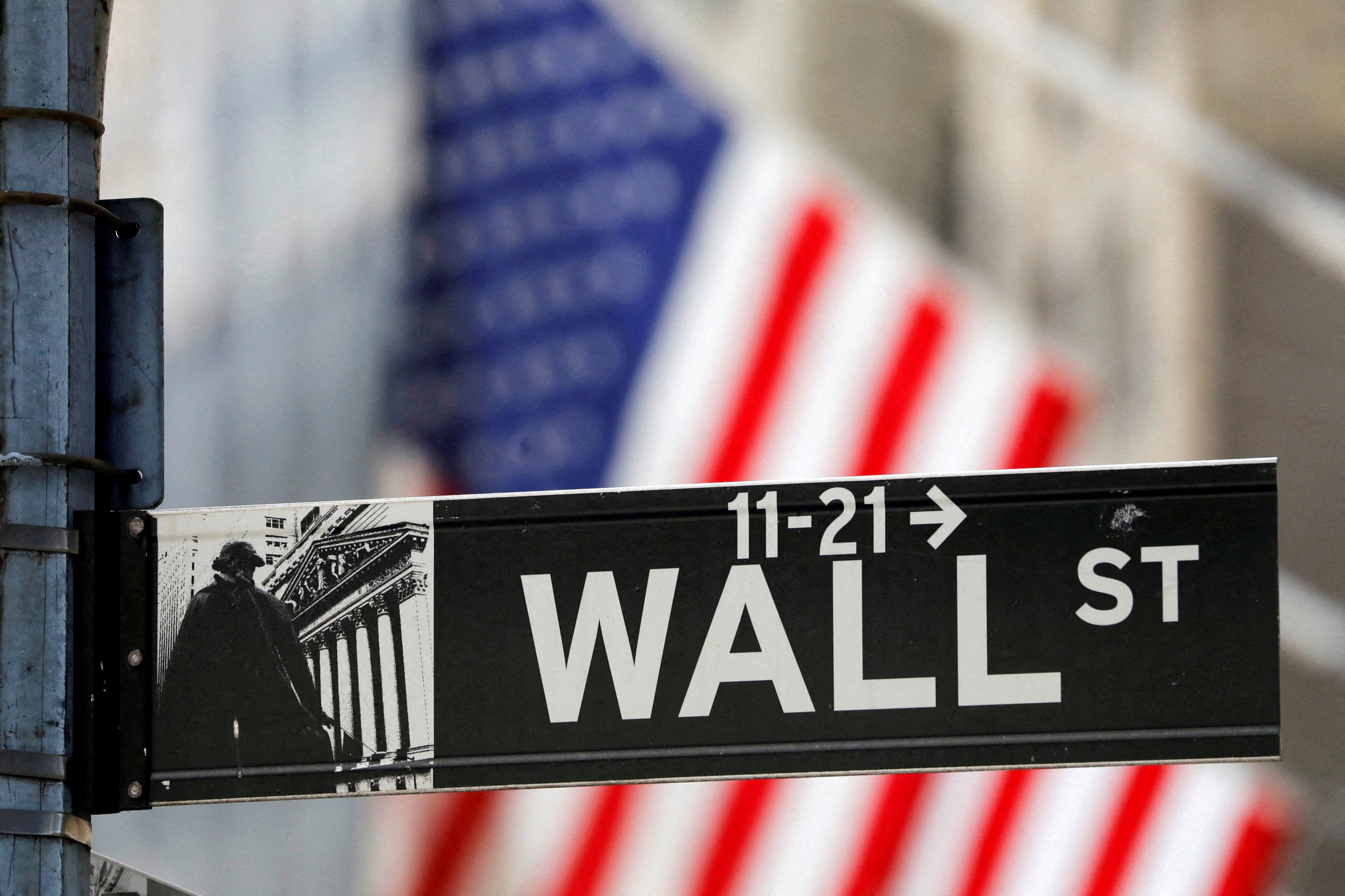 A street sign for Wall Street is seen outside the New York Stock Exchange in New York City. Photo: Reuters