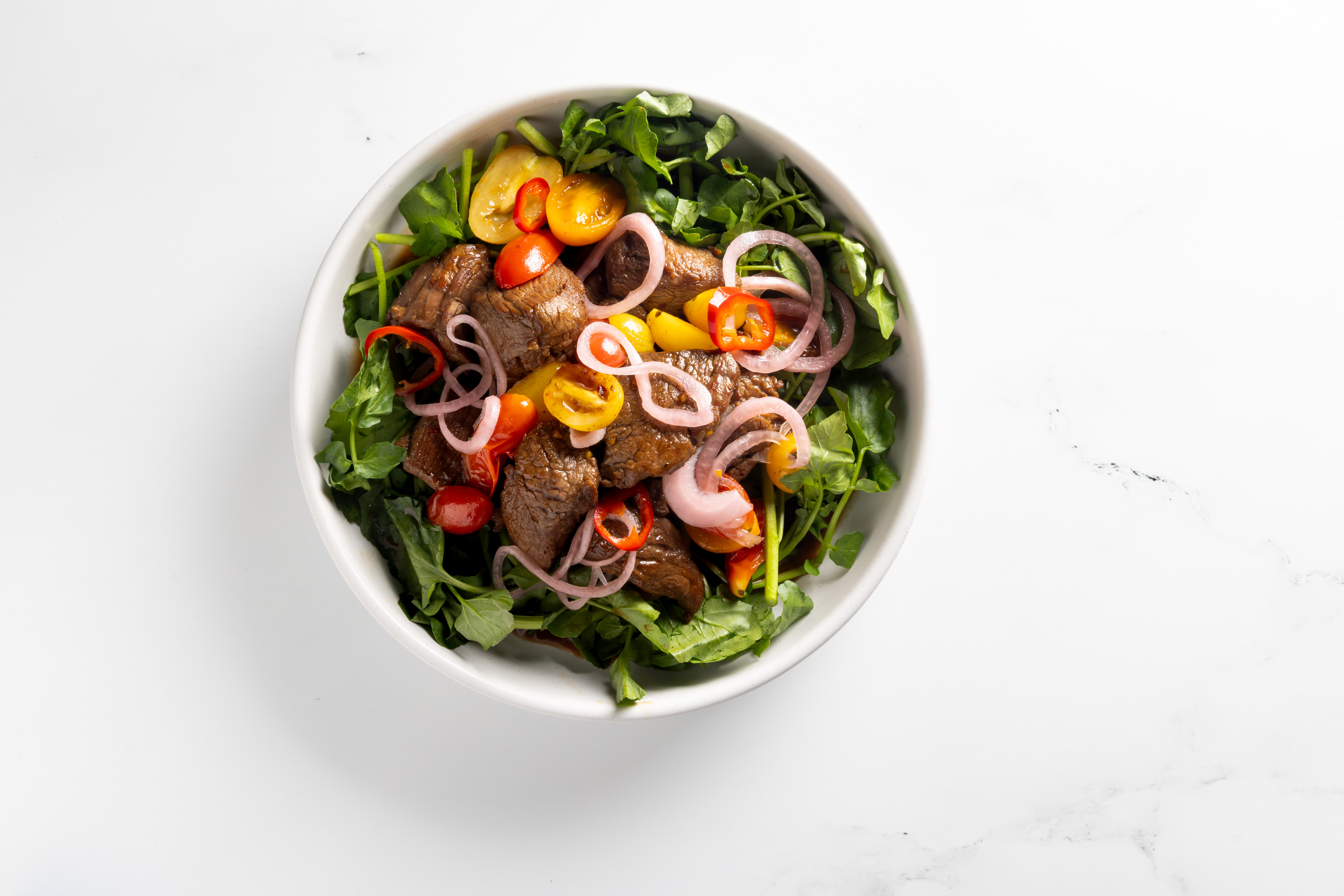 A bowl filled with marinated cuts of filet mignon and pickled onions and cherry tomatoes on a bed of lettuce.