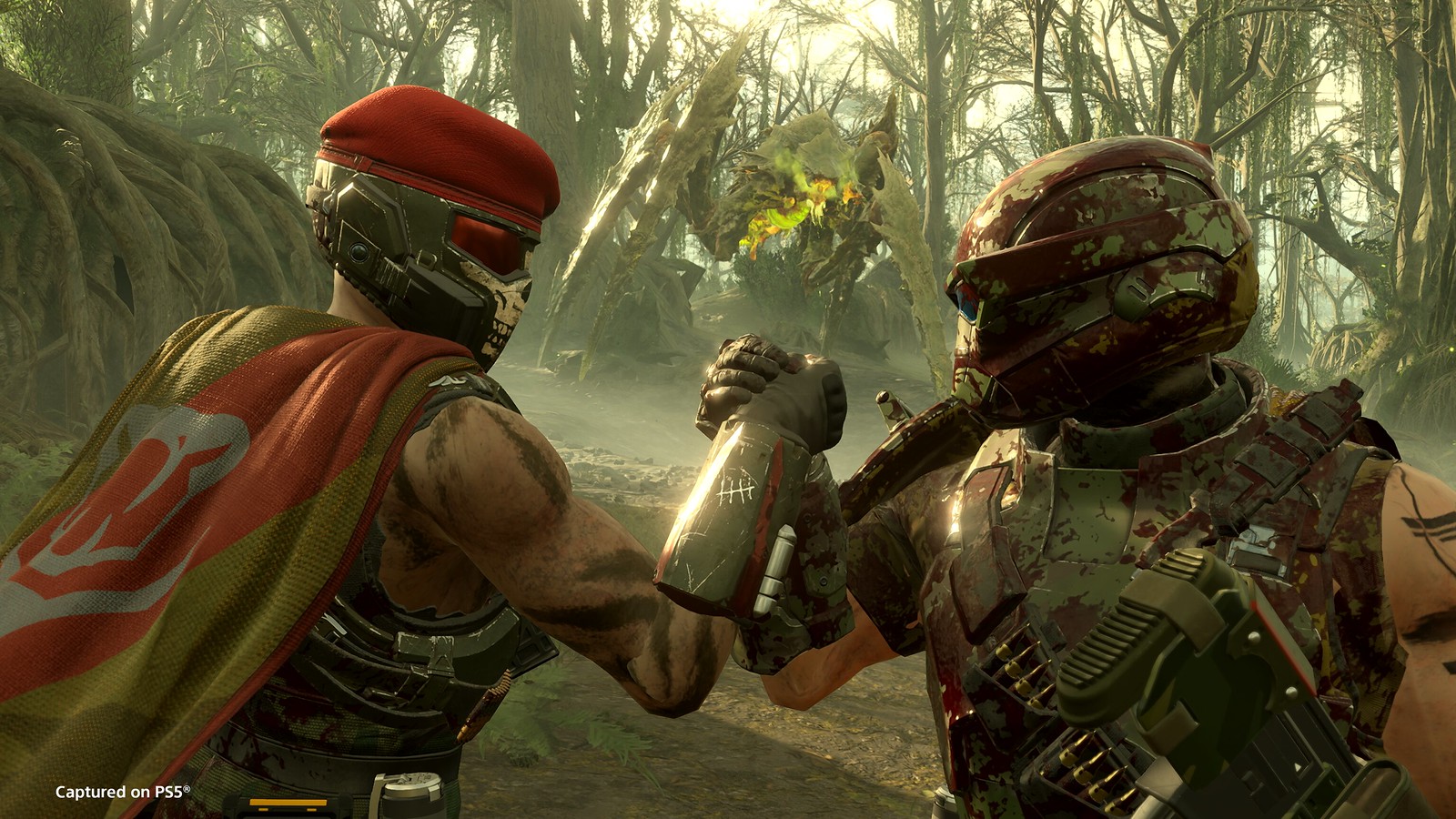 Two Helldivers do the super handshake in a forest in key art for the Viper Commandos Premium Warbond.