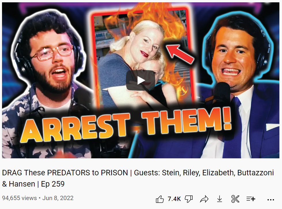 Image of Slightly Offensive YouTube video thumbnail and title. Video is titled "DRAG These PREDATORS to PRISON | Guests: Stein, Riley, Elizabeth, Buttazzoni & Hansen"