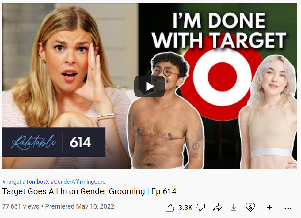 Image of Allie Beth Stuckey YouTube video thumbnail and title. Video is titled "Target Goes All In on Gender Grooming | Ep 614"
