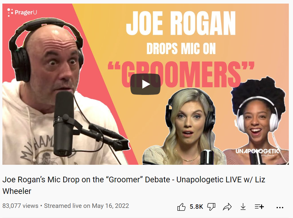 Image of Prager U YouTube video thumbnail and title. Video is titled "Joe Rogan’s Mic Drop on the “Groomer” Debate - Unapologetic LIVE w/ Liz Wheeler"