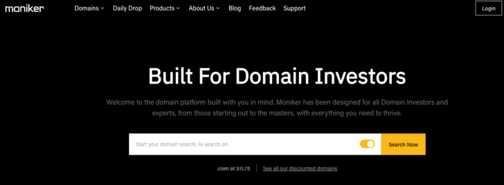 Moniker home page with the slogan "Built For Domain Investors"