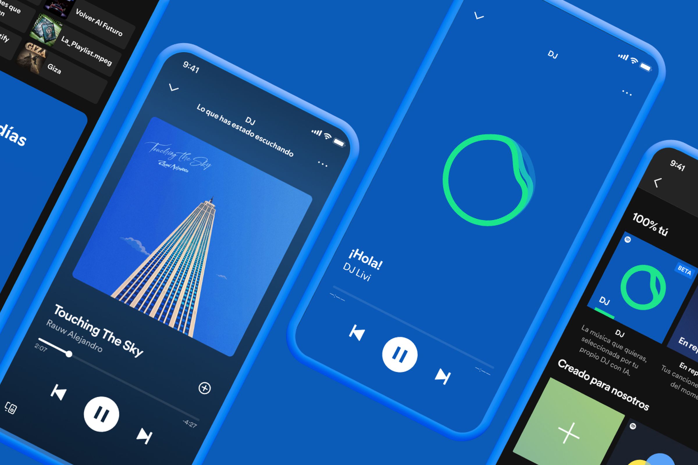 Graphic art depicting phones using Spotify’s Spanish-speaking AI DJ feature.