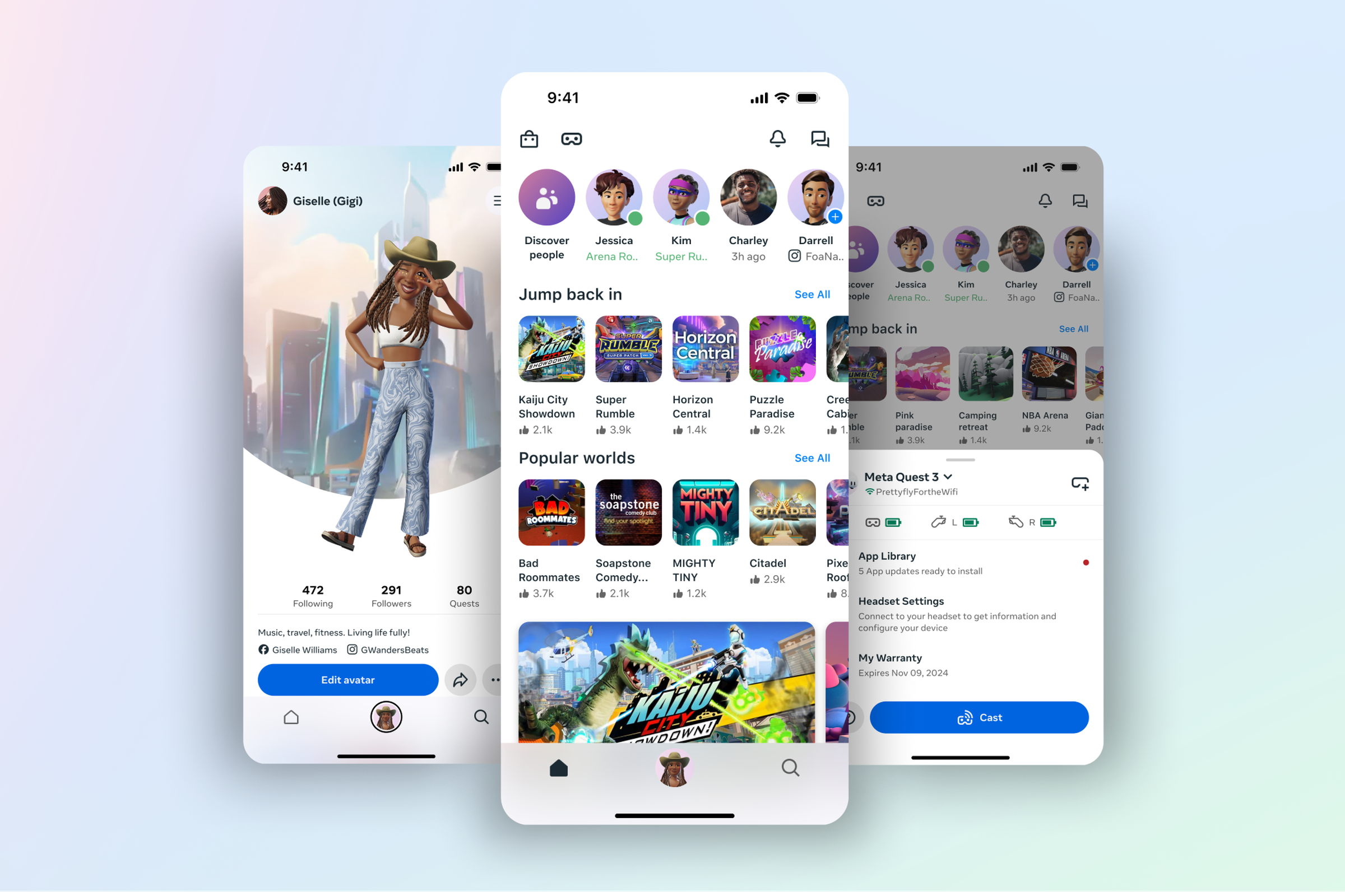 A series of screenshots showing the revamped Meta Horizon mobile app