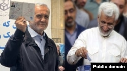 Masud Pezeshkian (left) and Saeed Jalili look set to compete in a presidential election runoff on July 5. (composite file photo)