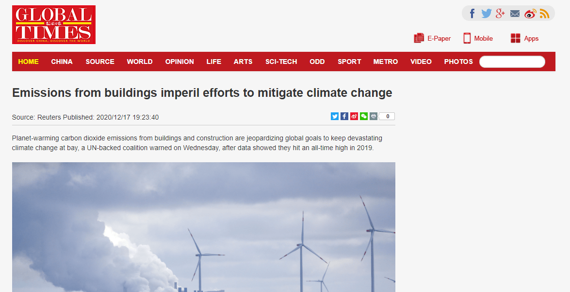 [Global Times] Emissions from buildings imperil efforts to mitigate climate change