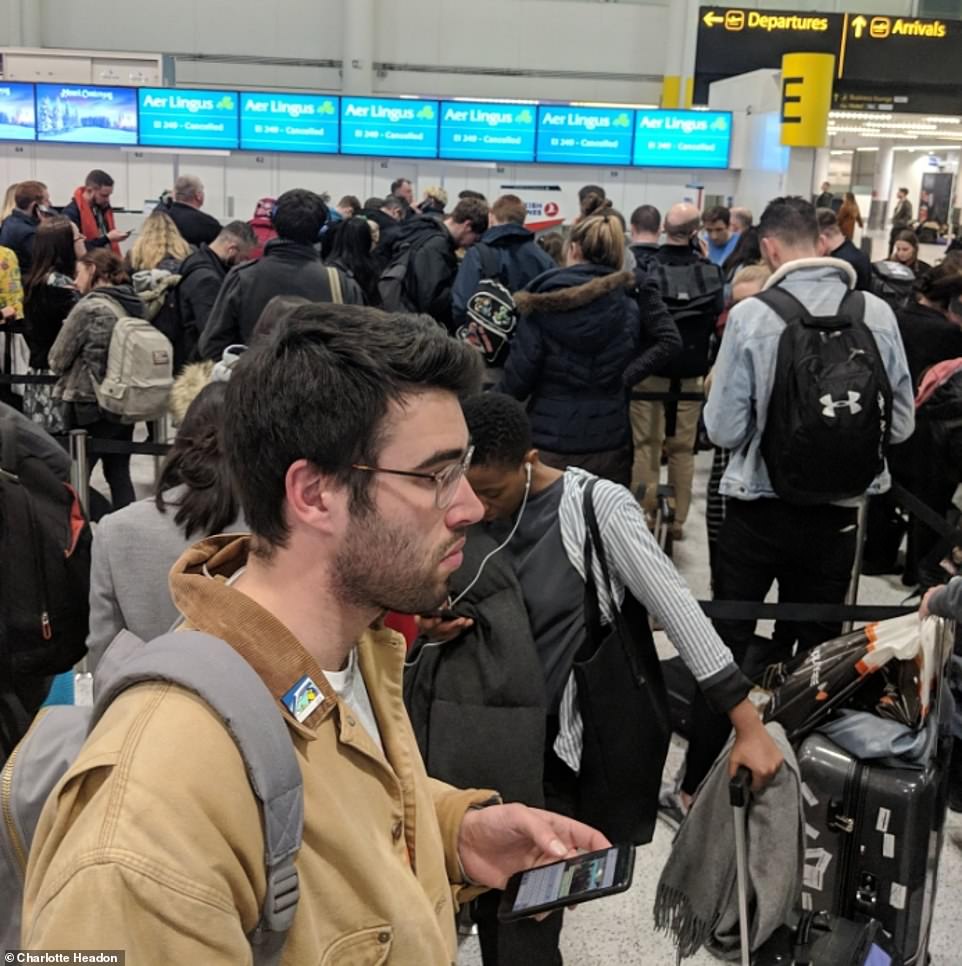 Frustrated customers are stuck at a crowded Gatwick airport as drone sightings brought flights to a standstill and closed down the runway 