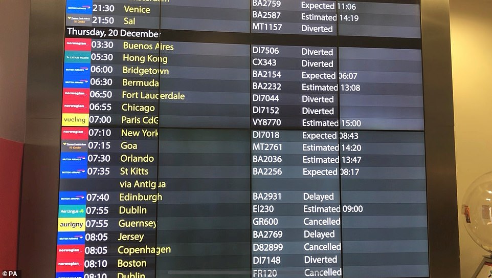 Planes have been cancelled, diverted and delayed as Gatwick remained on complete lockdown today