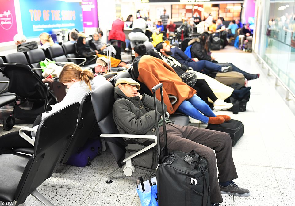 People are sleeping wherever they can find space with many explaining there are no hotel rooms available in the area around Britain's second busiest airport