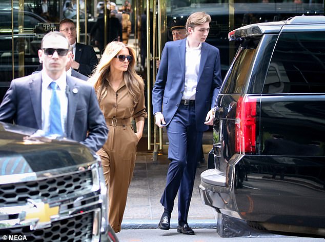 Moments before leaving the New York City residence, a doorman loaded up their motorcade with Louis Vuitton bags and a suit holder with Barron's initials