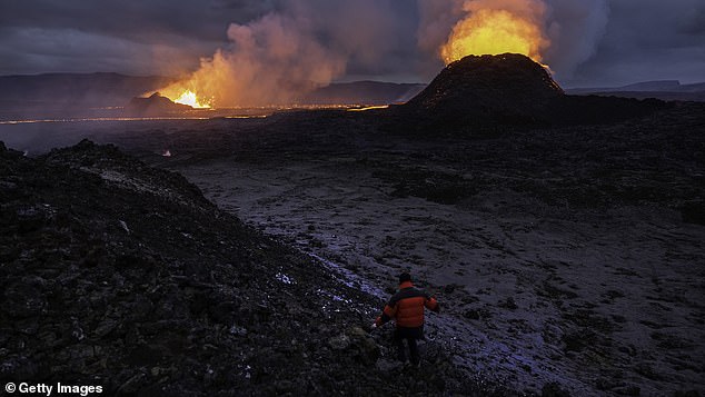 The most recent eruptions in 2024 (pictured) have led to the evacuation of the fishing town of Grindavik and the Blue Lagoon resort