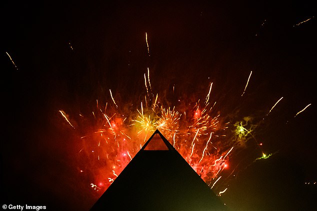 Fireworks explode in the sky above the Pyramid Stage last night on day one of Glastonbury Festival 2024