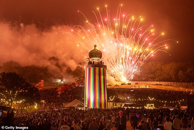 Fireworks lit up the sky at Glastonbury festival on the first night of the event yesterday