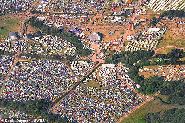 An aerial view taken  shows the scale of the mega-festival in Somerset