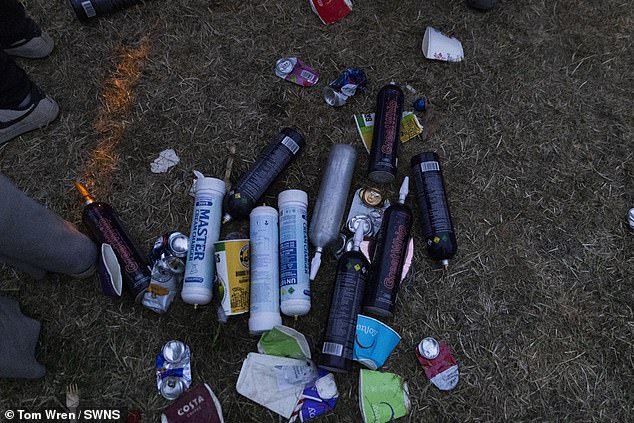 Large piles of used nitrous oxide cans were pictured across the site following yesterday's show