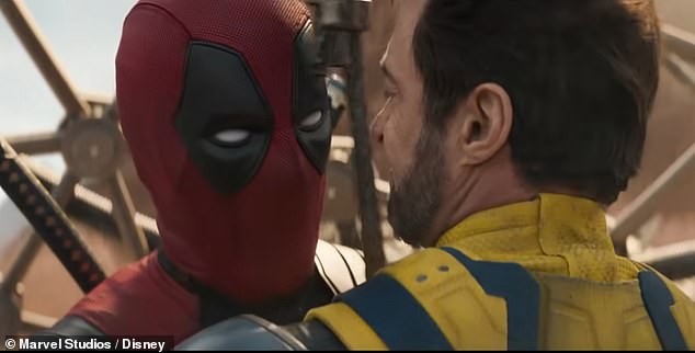 As Wolverine is about to go kick some butt, Ryan Reynolds', 47, Deadpool calls for a time-out to remove the swords sticking out of him while offering him a pep talk