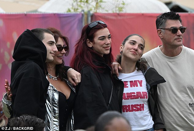 Dua was joined by her parents, brother and sister at Glastonbury on Sunday afternoon