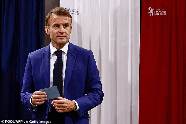 Emmanuel Macron's (pictured) centrist alliance lagged in third behind the left