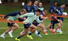 Noah Lolesio warms up during a Wallabies training session at David Phillips Sports Complex in Sydney