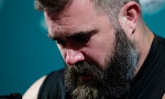 Philadelphia Eagles' Jason Kelce cries as he announces his retirement from the NFL last week.