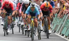Mark Cavendish sprints towards the finish line to win a record 35th Tour de France stage