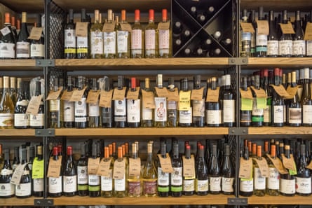 Variety of modern Moldovan wine on the shelves in a wine shop in Chisinau, Moldova