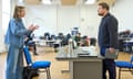Tipping point … Anna Maxwell Martin as an MP and James Corden as an ex-serviceman in rehearsals.