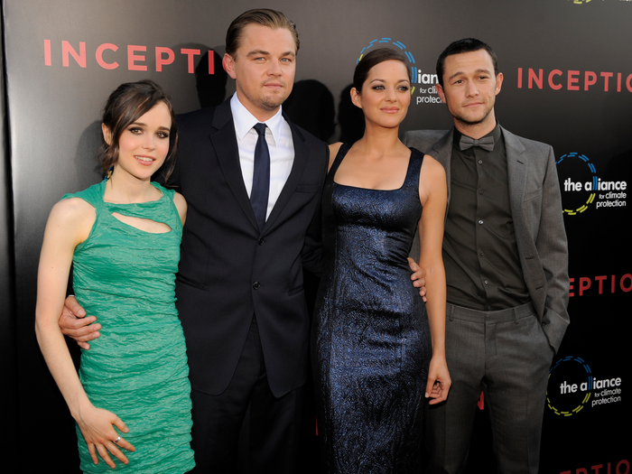 From left, Ellen Page, Leonardo DiCaprio, Marion Cotillard and Joseph Gordon-Levitt, cast members in "Inception," pose together at the premiere of the film in Los Angeles, Tuesday, July 13, 2010.