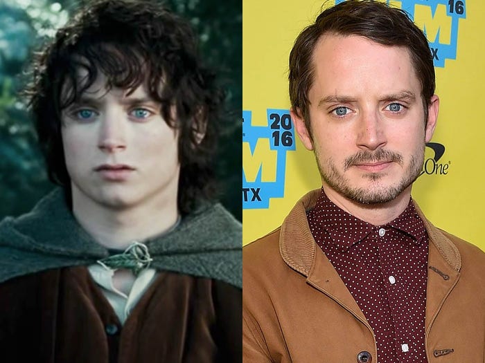 On the left, Elijah Wood as Frodo in lord of the rings wearing a cape. On the right, Wood in a brown blazer in front of a yellow background