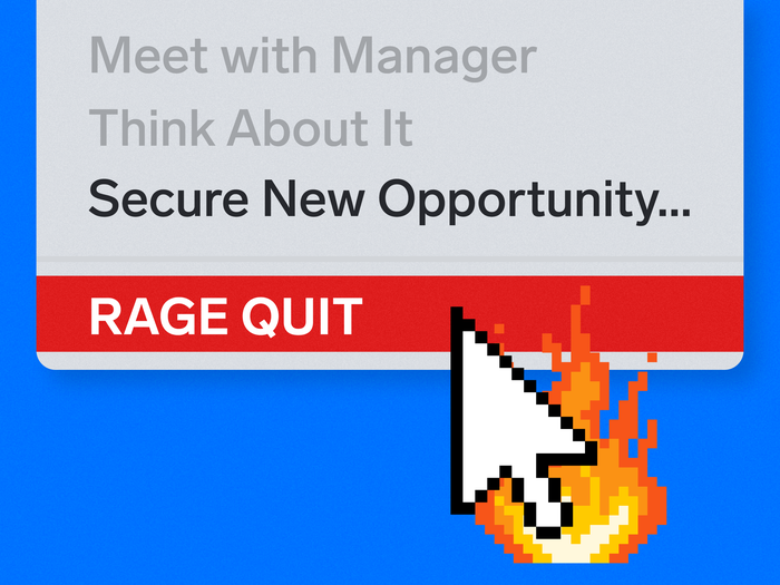 Cursor hovering over a "RAGE QUIT" option in a dropdown menu representing mass job quitting during the COVID-19 pandemic