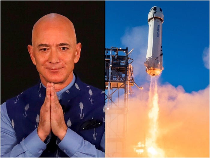 jeff bezos hands together praying gesture composite image with rocket launching