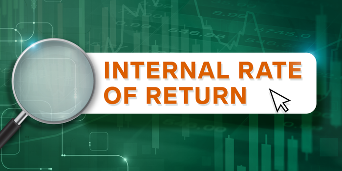 Large magnifying glass with orange text, "Internal Rate of Return," on green background with stock chart 2x1