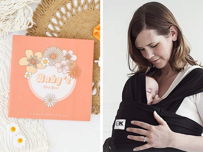 side by side showing two gifts for new parents: a baby book and a baby carrier