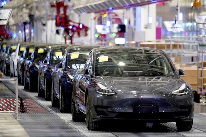 Tesla Model 3 vehicles queued up at the carmaker's factory in Shanghai, China.