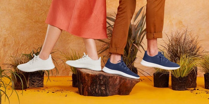 Two people standing on sections of a tree trunk wearing Allbirds sneakers.