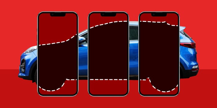 A Kia Sportage is shown with three phones blocking it. Inside the phone screens, the car has disappeared, and its outline is shown by a dotted line.