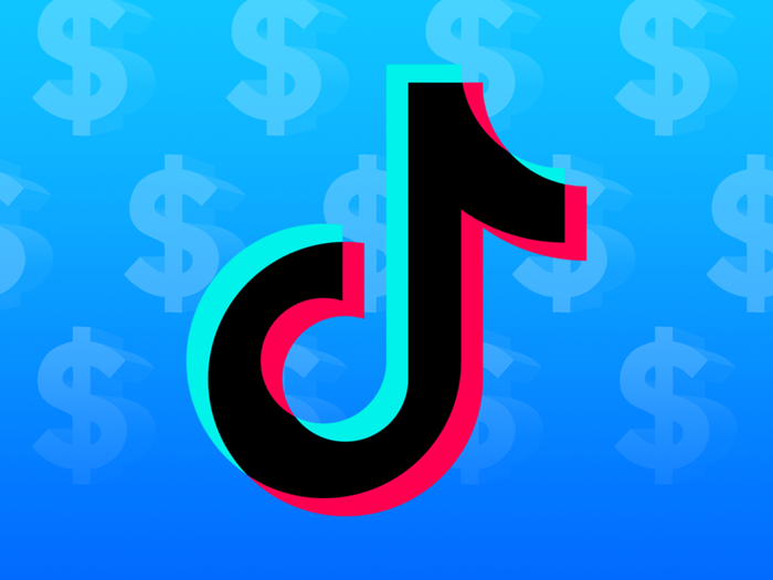 TikTok logo in front of a blue background and dollar signs