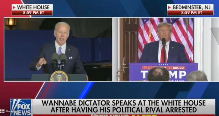 A screengrab of Fox News on Tuesday night shows Biden and Trump both giving speeches