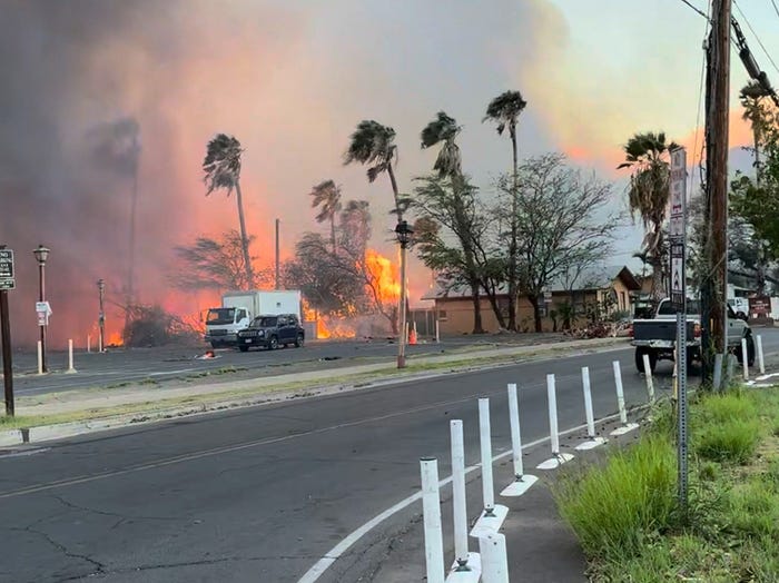 Smoke and flames rise in Lahaina, Maui County, Hawaii, U.S., August 8, 2023 in this still image from video obtained from social media.