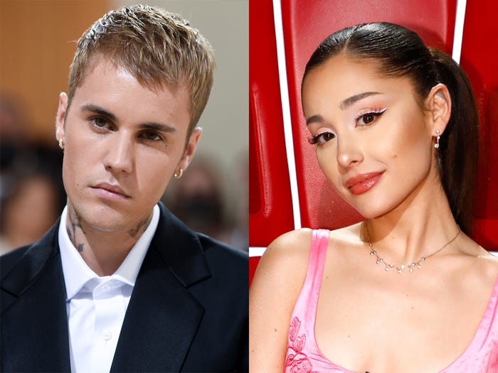 Left: Justin Bieber at the 2021 Met Gala. Right: Ariana Grande on "The Voice" in 2021.