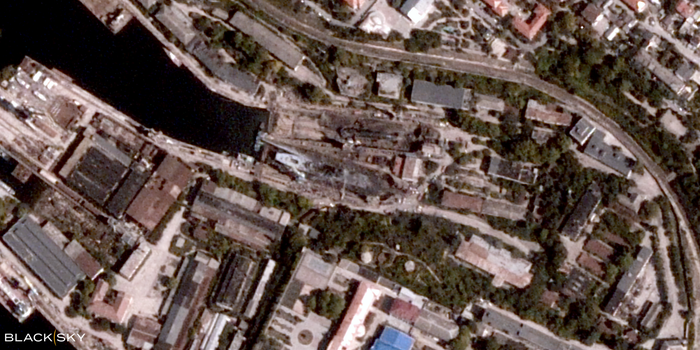 BlackSky imagery captured the damage caused by a Ukranian cruise missile attack on the Sevastopol Shipyard dry docks in Russia occupied Crimea on September 13, 2023.