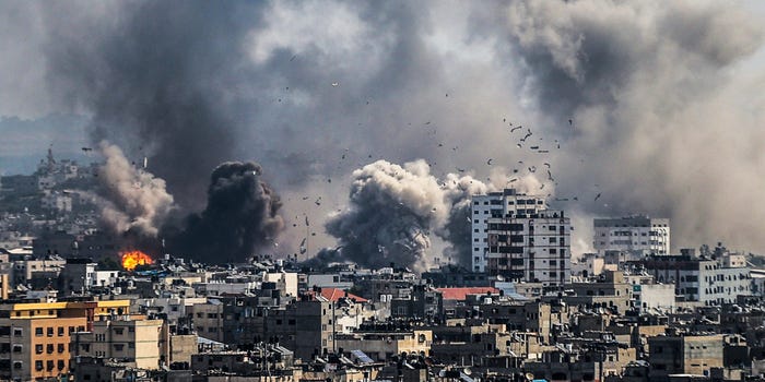 Smoke rises after an Israeli airstrike that has been going on for five days in Gaza City, Gaza, on October 11, 2023.