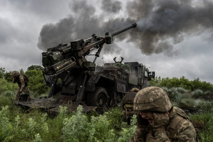 Ukrainian service members of the 55th Separate Artillery Brigade fire a Caesar self-propelled howitzer towards Russian troops, amid Russia's attack on Ukraine, near the town of Avdiivka in Donetsk region, Ukraine May 31, 2023Ukrainian service members of the 55th Separate Artillery Brigade fire a Caesar self-propelled howitzer towards Russian troops