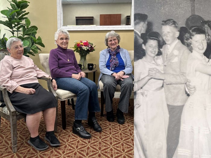 Three women in their 80s sat on chairs; three teenagers at prom in the 1950s.